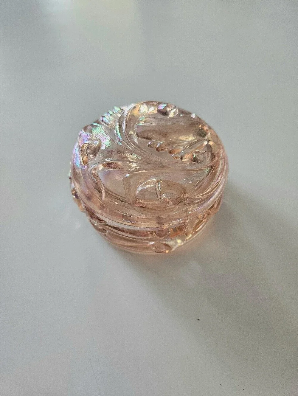 Vintage Fenton Opalescent Pink Chiffon Glass Powder/Trinket Jar With Dome Lid